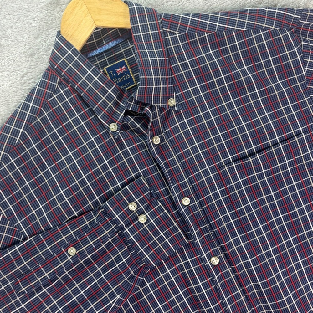 T. Harris Men's Button Down Shirt Navy Red Plaid Long Sleeve‎ Cotton Sz Large